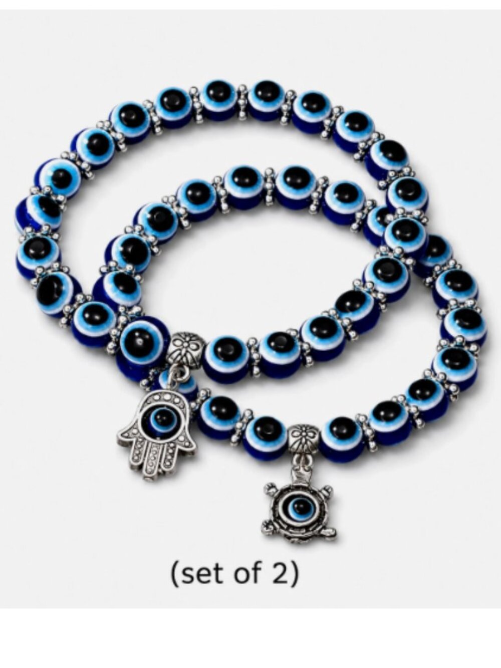 (Set 2) Evil Eye Beaded Bracelet Hamsa Hand Palm Charm Stretch Nazar Protection